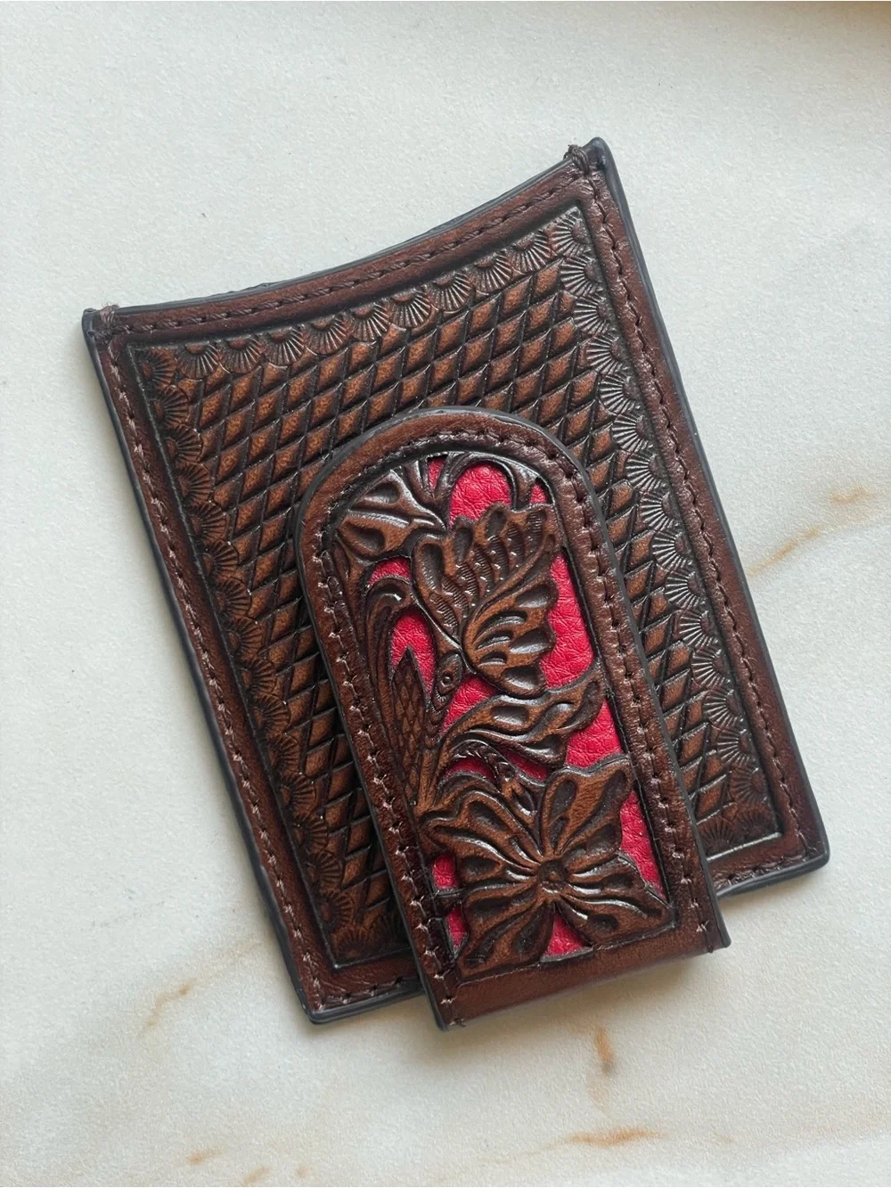 Nocona Men’s Red and Brown Floral Tooled Leather Magnetic Money Clip Wallet